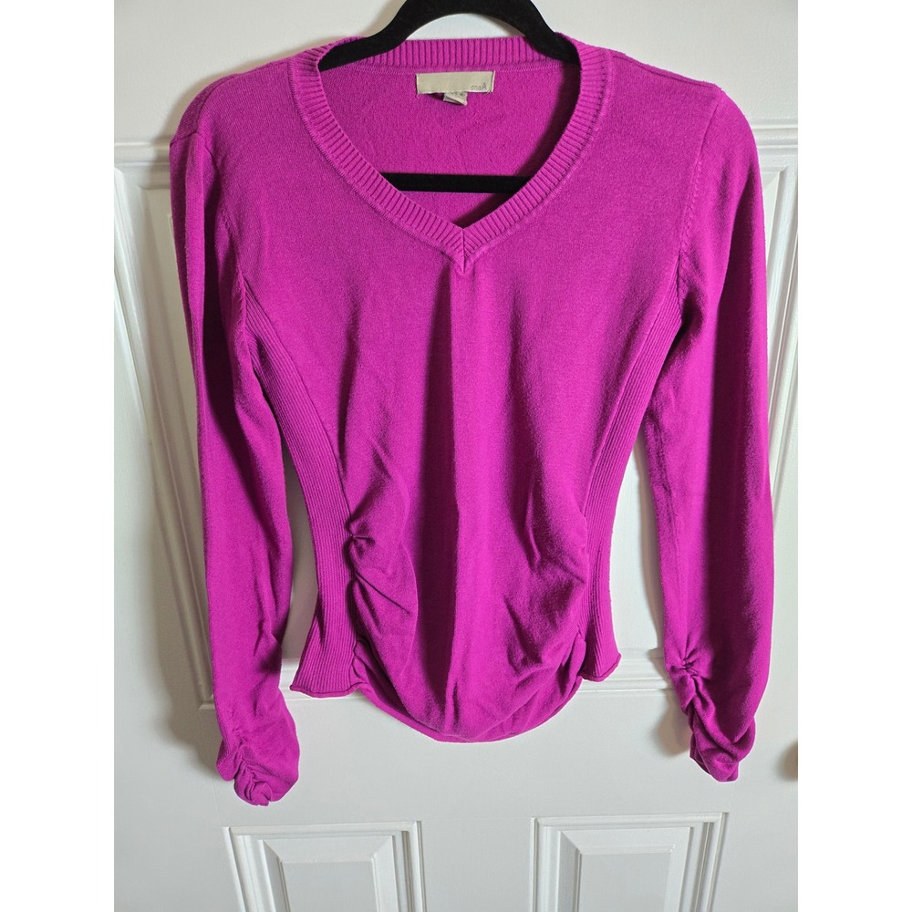 oneA Women Magenta Pink V-Neck Ruched Side & Sleeve Knit Sweater Size Small